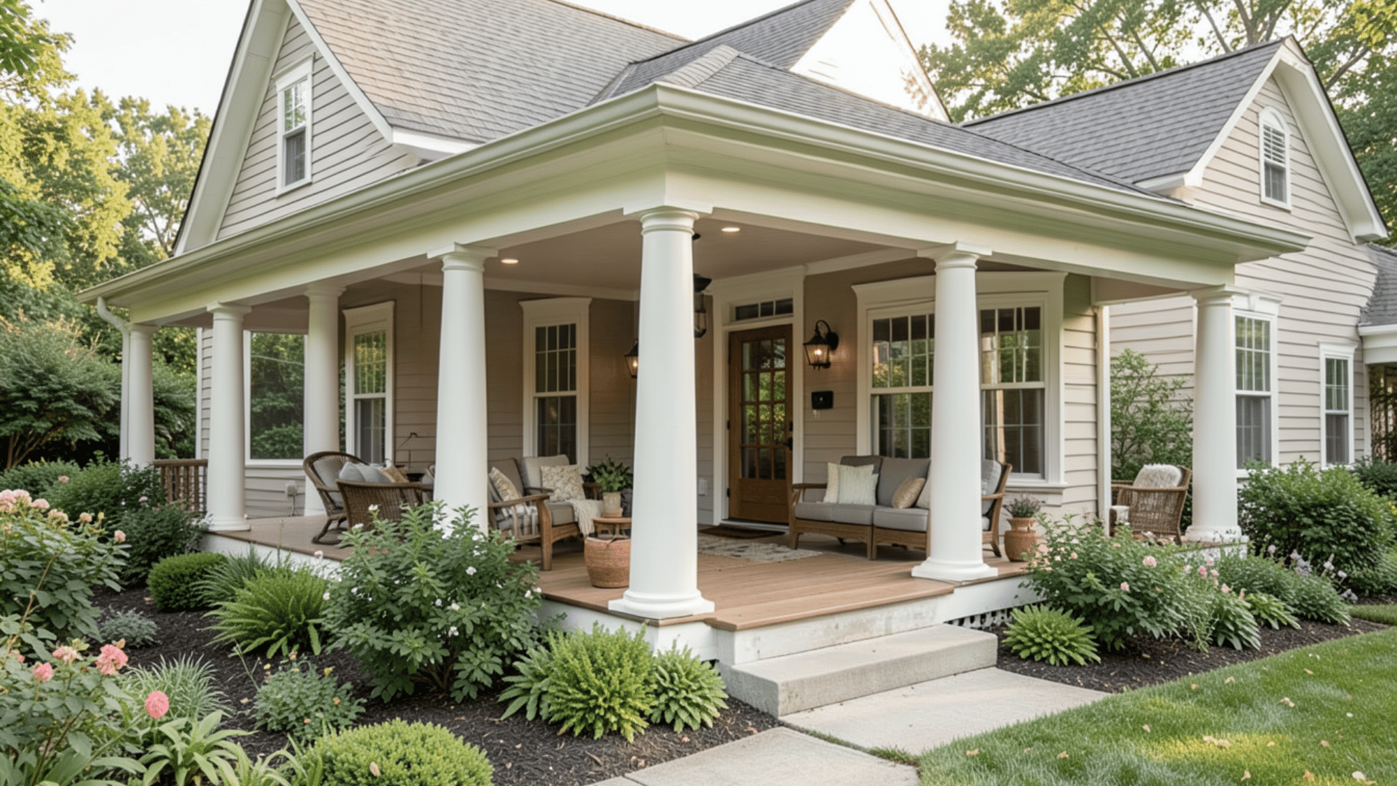 wraparound porch design with white columns and seating showcasing stylish front porch overhang ideas for homes