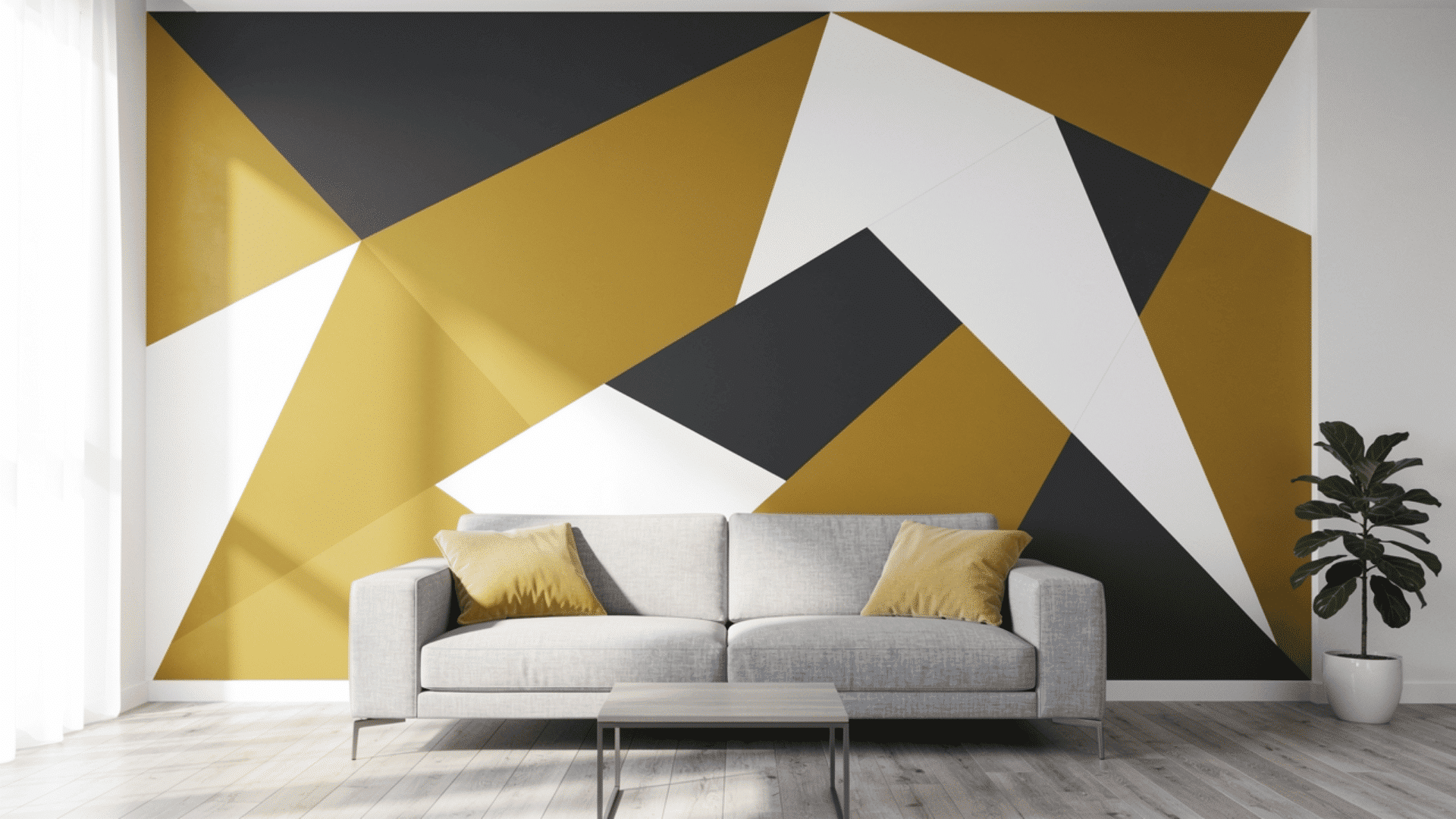 abstract geometric paint design on a living room wall