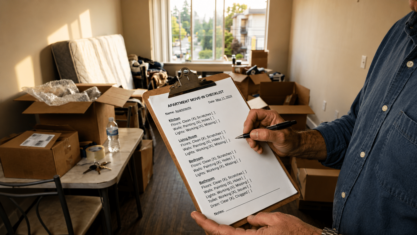 apartment move in checklist with boxes and furniture in room interior