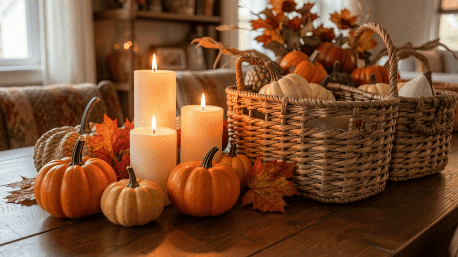 autumn table decor with pumpkins candles woven baskets and colorful leaves in cozy living room