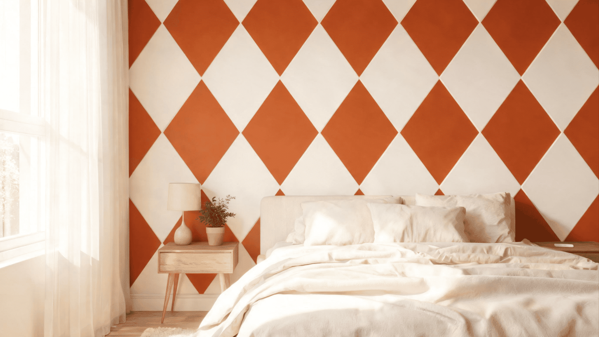 bedroom accent wall with geometric diamond pattern in white and terracotta paint using painters tape technique
