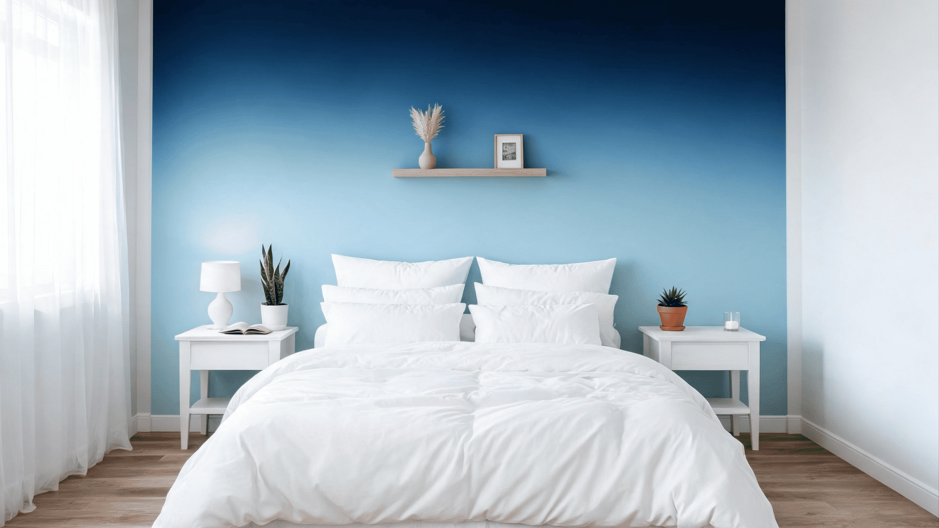bedroom accent wall with ombre paint effect blending from deep navy to soft dusty blue