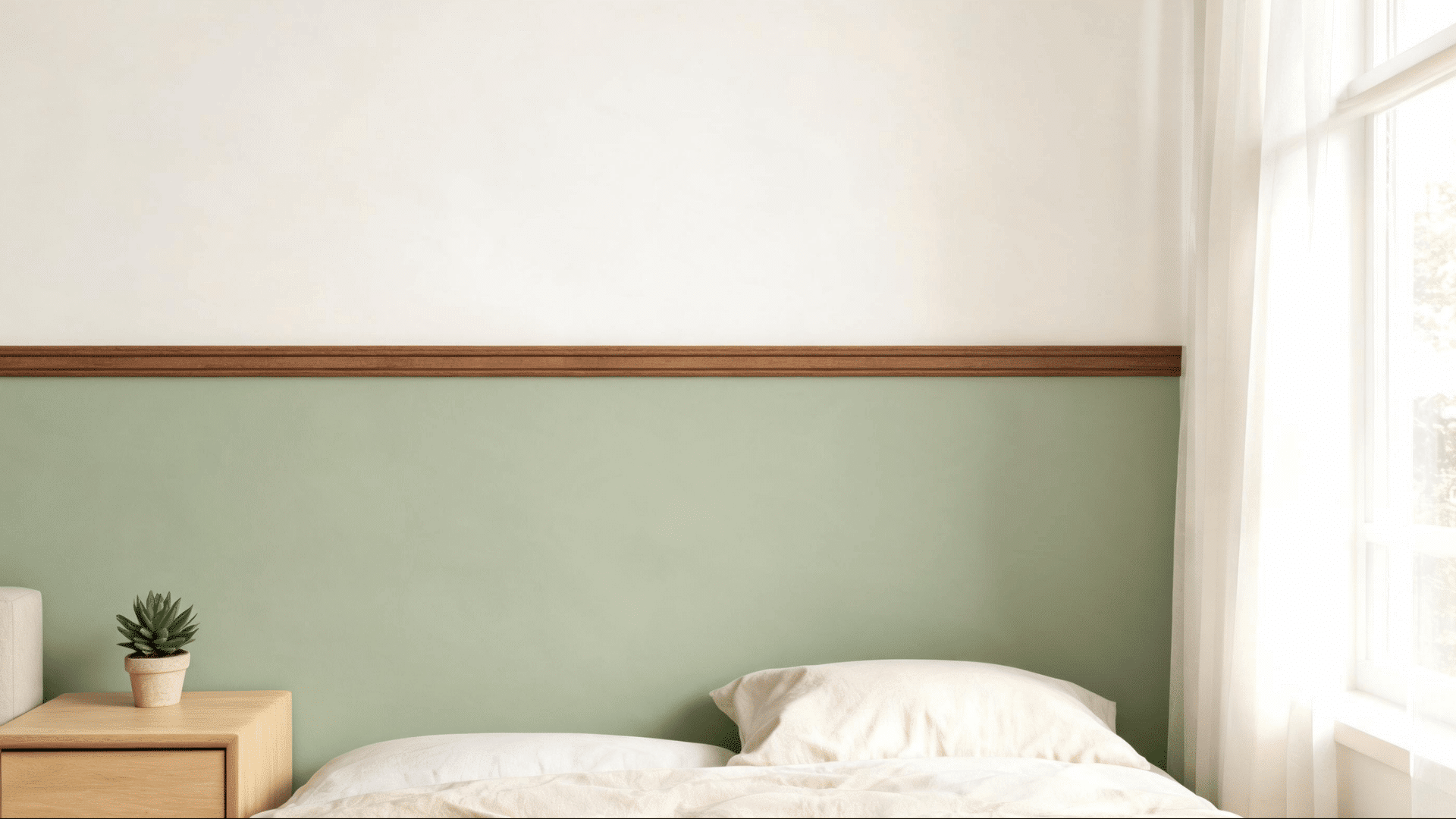 bedroom half painted wall with sage green on lower section white above and thin wooden molding along the dividing line