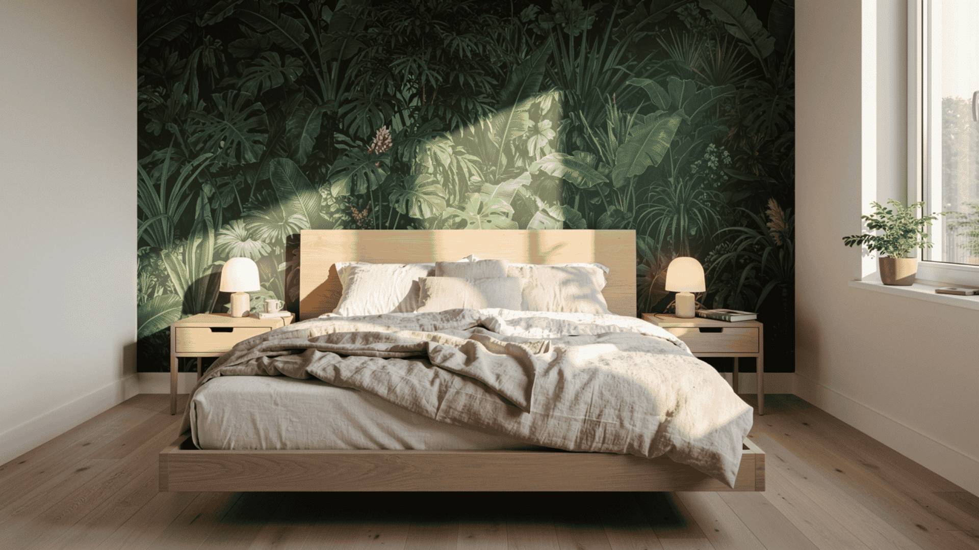 bedroom with a dark green botanical wallpaper accent wall