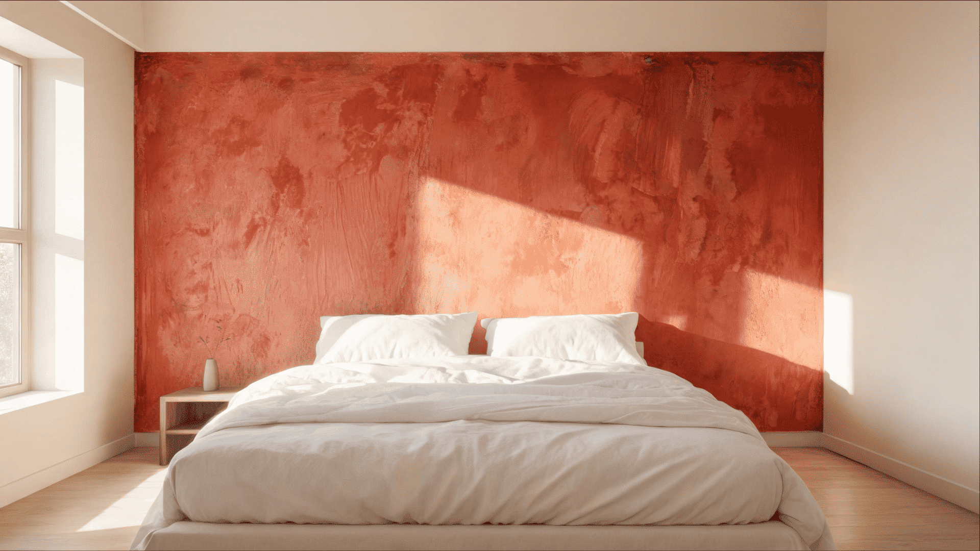 bedroom with beige limewash textured wall soft sunlight and white bedding