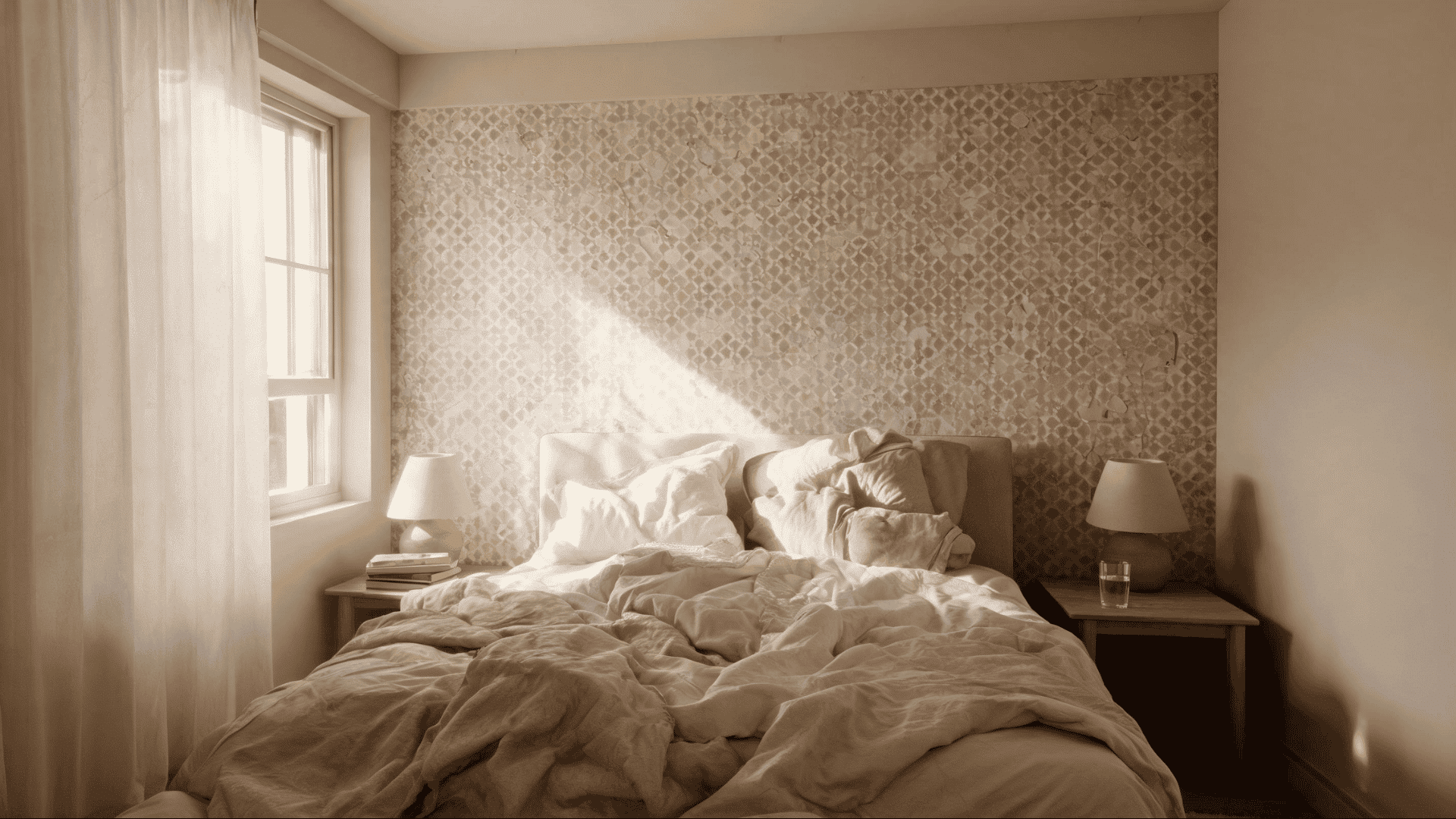bedroom with geometric wallpaper accent wall in beige tones behind bed natural light