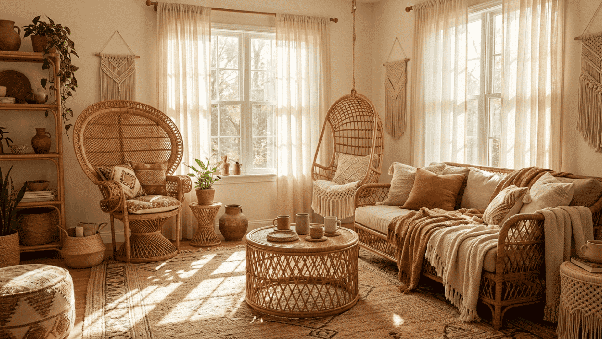 boho living room with rattan sofa peacock chair hanging chair layered rugs plants and warm window light