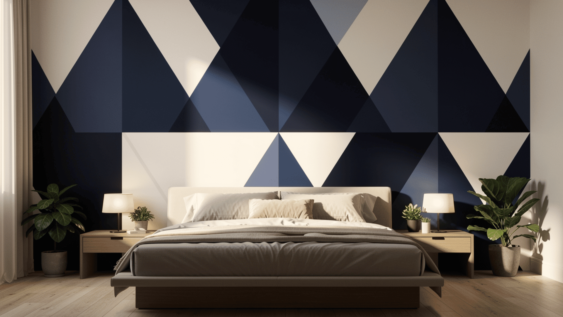 bold triangle accent wall behind a bed in a bedroom