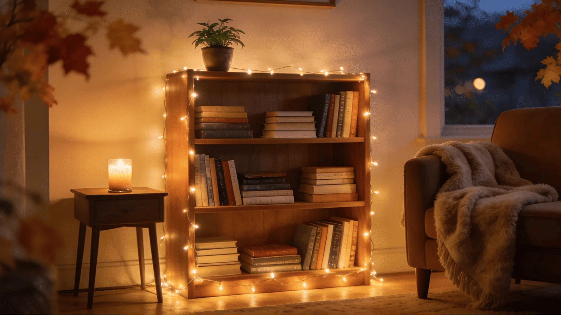 bookshelf wrapped with glowing string lights beside cozy chair and candle in warm evening room