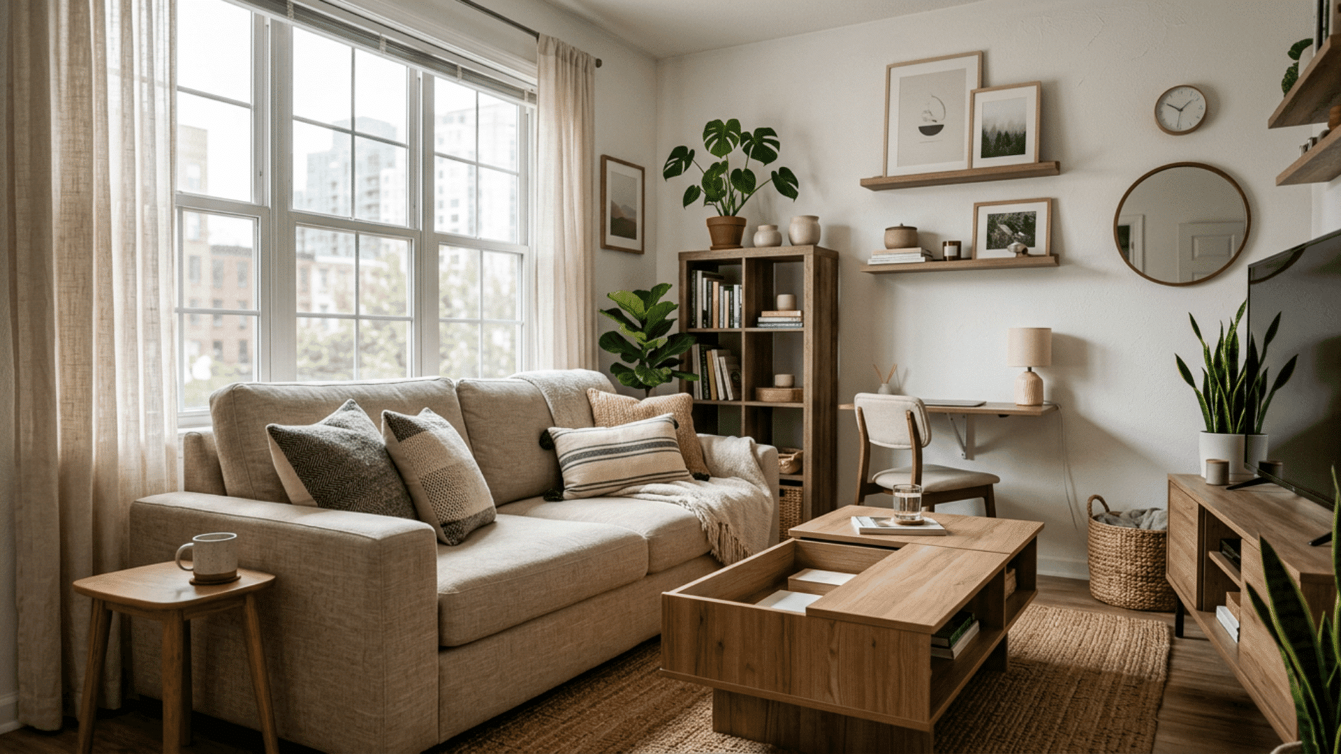 bright cozy living room with beige sofa wooden furniture indoor plants and soft natural window light