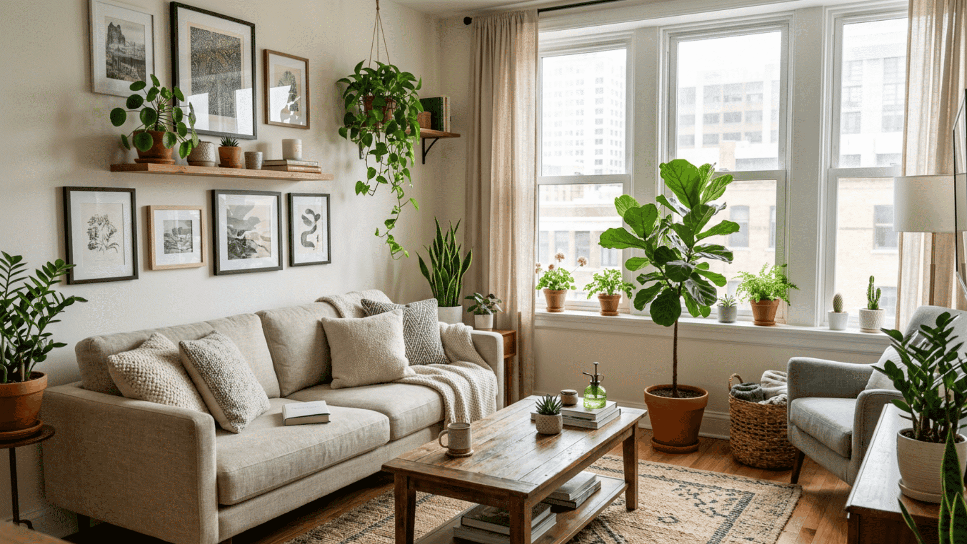 bright cozy living room with indoor plants framed wall art and soft neutral decor by large city windows