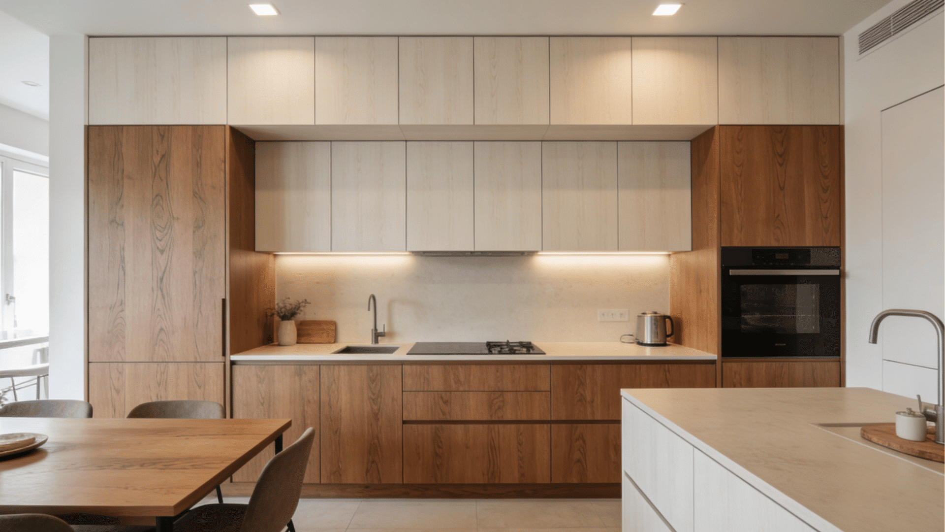 bright kitchen with ceiling height cabinets extra storage and clean built in appearance with natural light