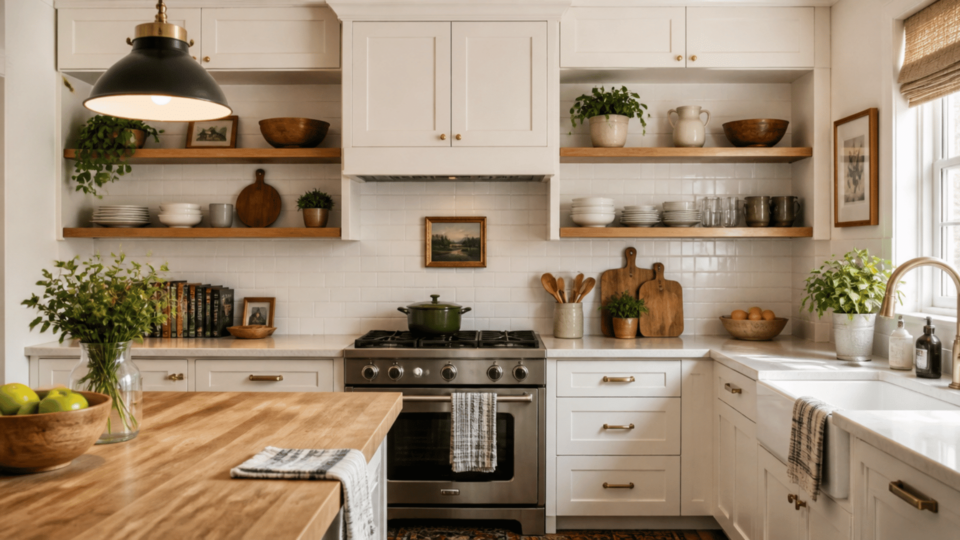 bright kitchen with open shelving dishes plants and balanced storage mixed with closed cabinets