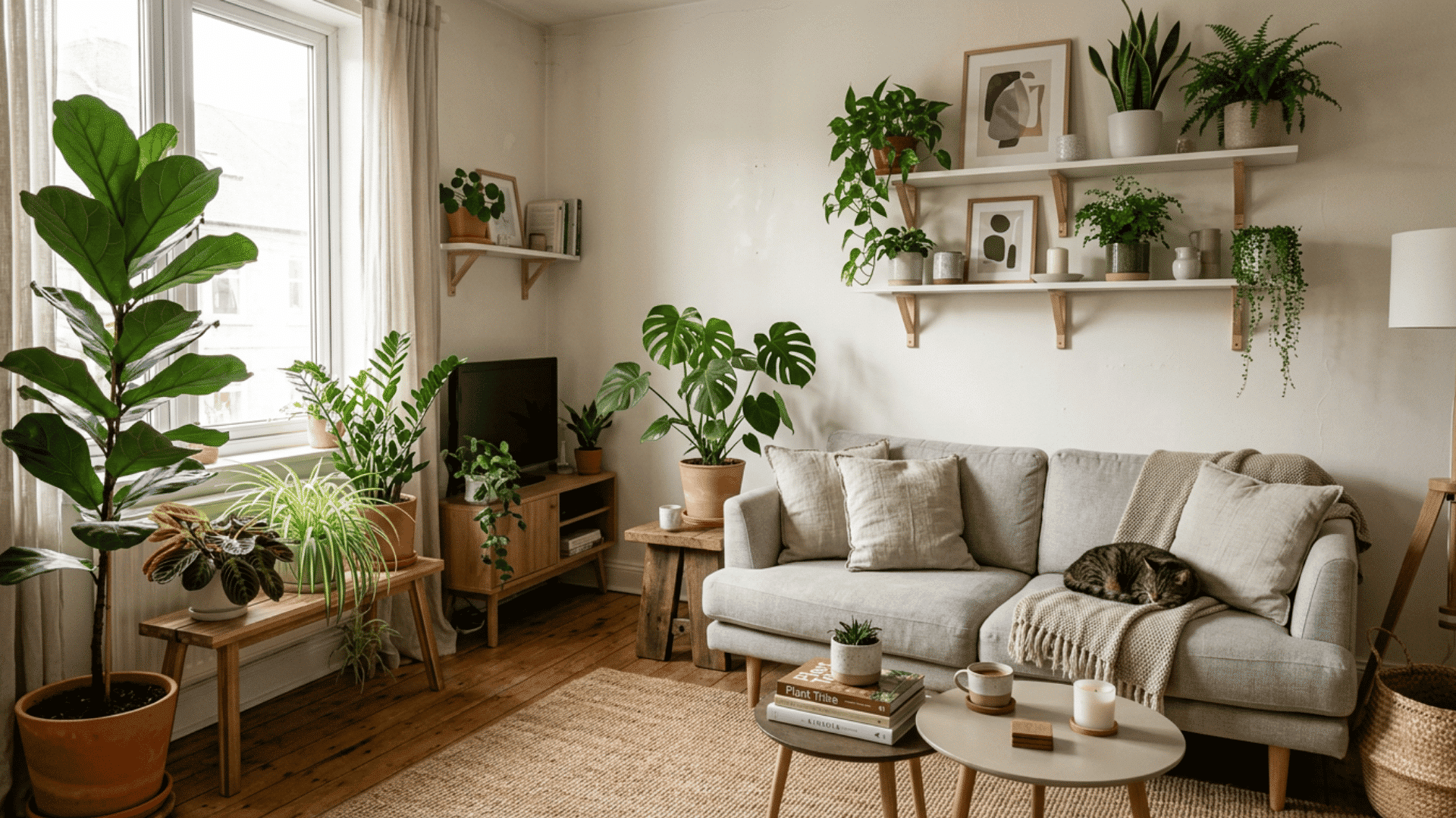 bright living room filled with indoor plants cozy neutral sofa and sleeping cat beside wooden shelves