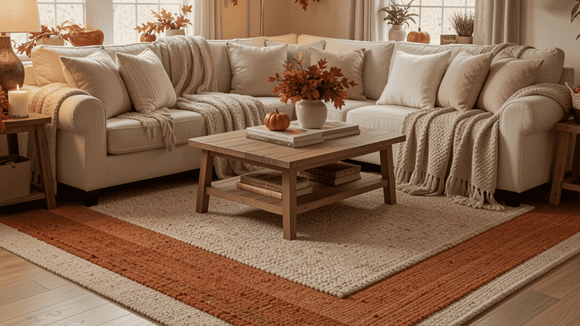 bright living room with soft rugs pumpkins and autumn accents creating warm seasonal decor