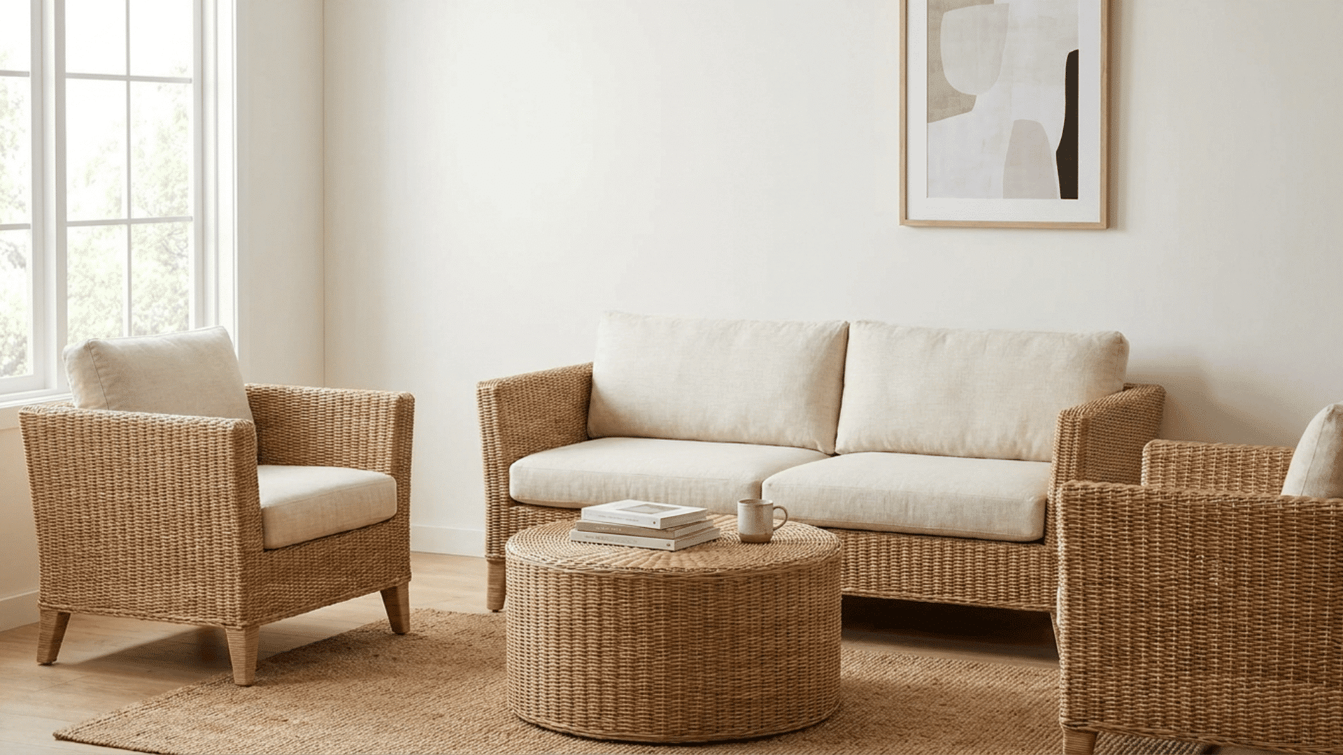 bright living room with wicker sofa armchairs round woven coffee table neutral cushions and wall art