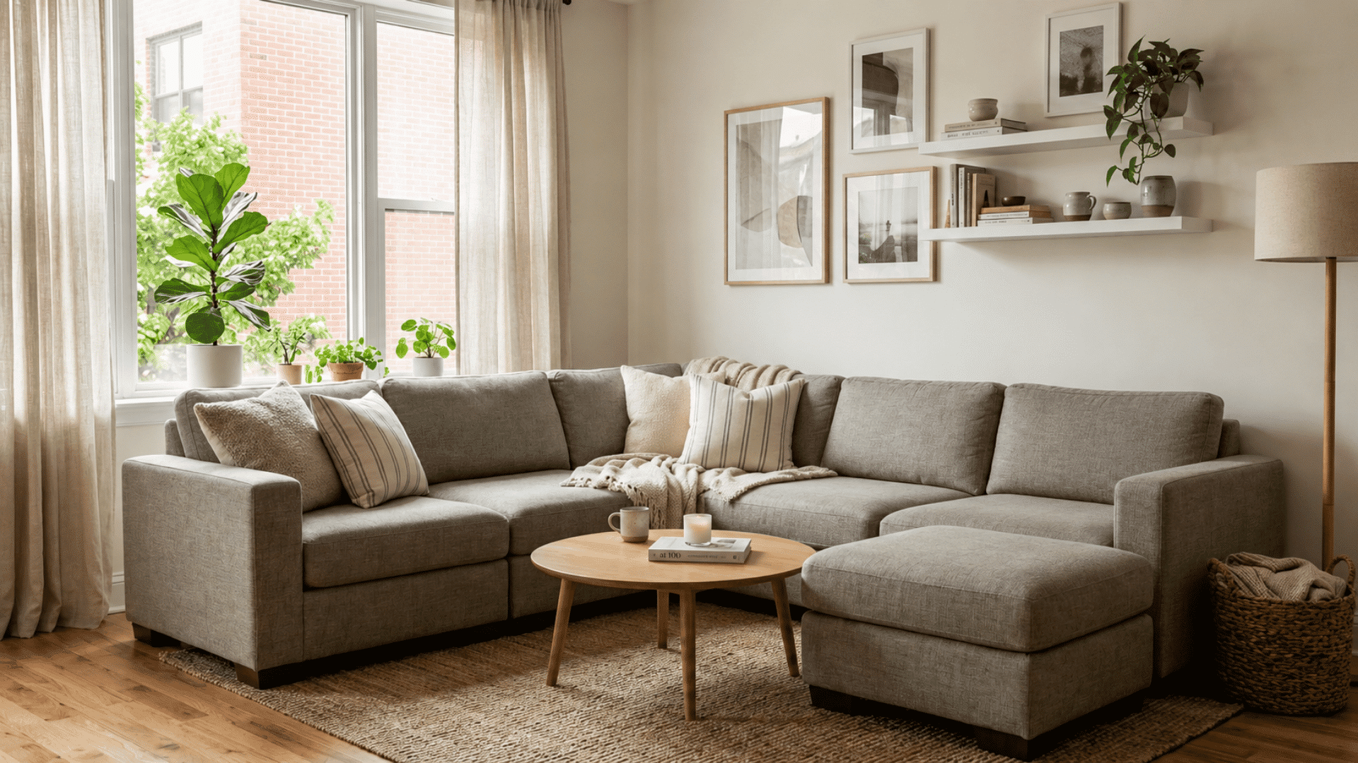 bright modern living room with gray sectional sofa wooden table indoor plants and soft natural lighting