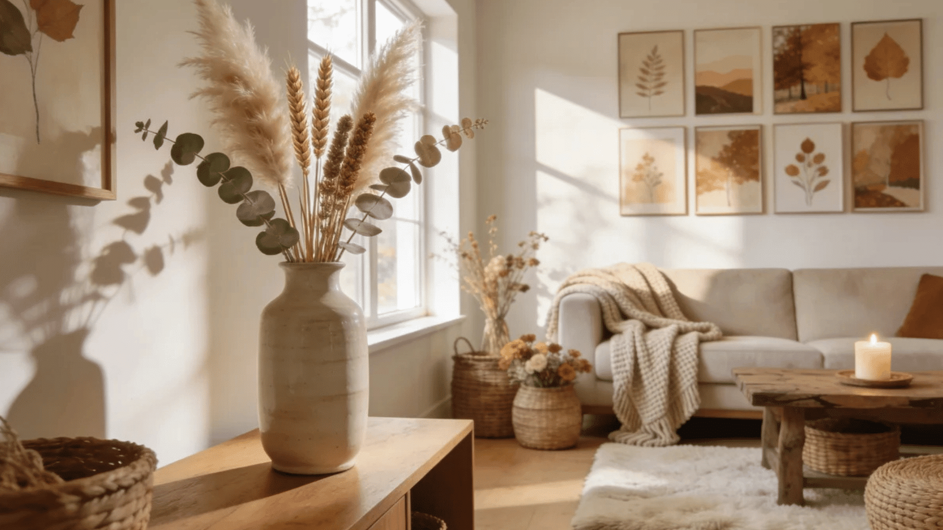 bright neutral living room with pampas grass autumn wall art and cozy soft fall decor accents