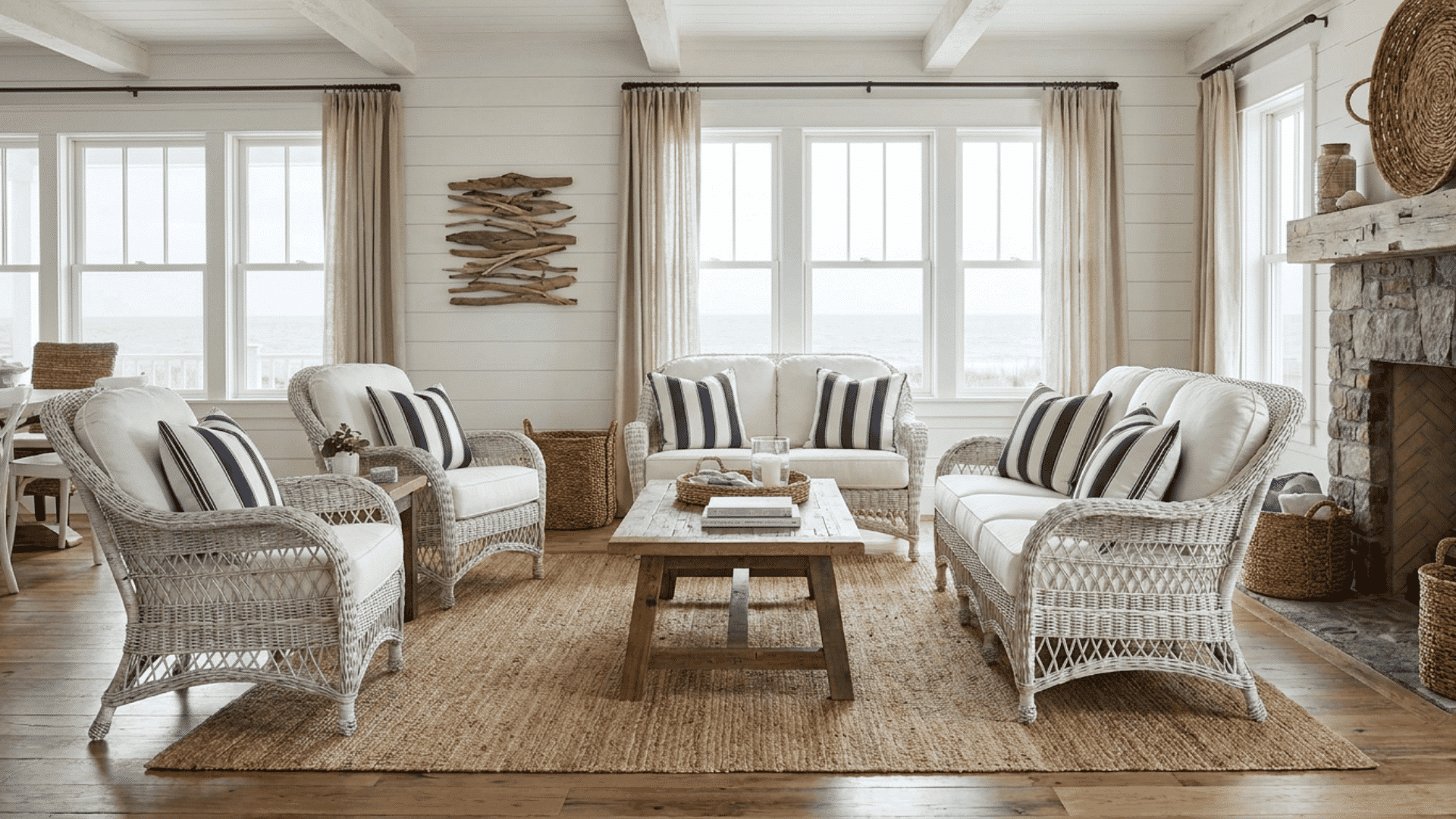 coastal living room with white wicker chairs striped pillows rustic table large windows and stone fireplace