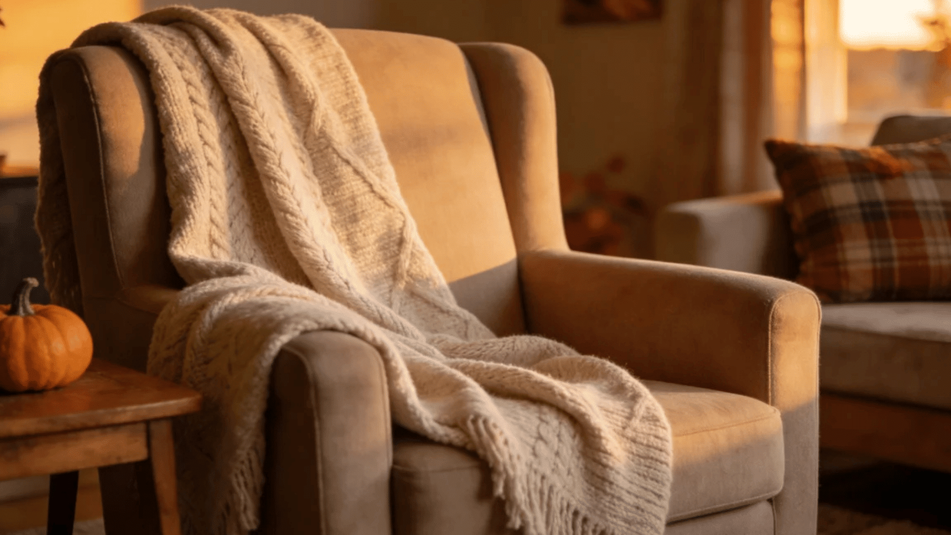 cozy armchair with knitted blanket beside pumpkin table in warm autumn living room light
