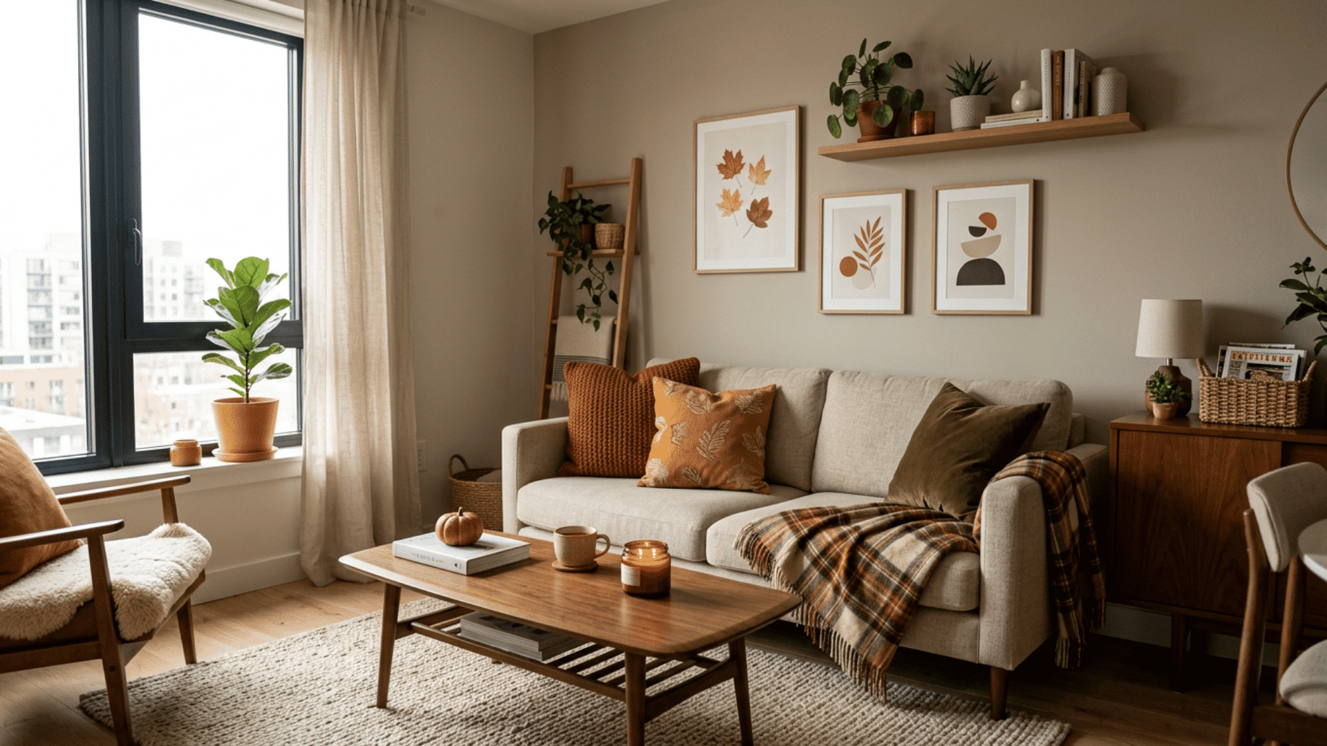 cozy autumn inspired living room with warm textiles neutral sofa and soft natural window light