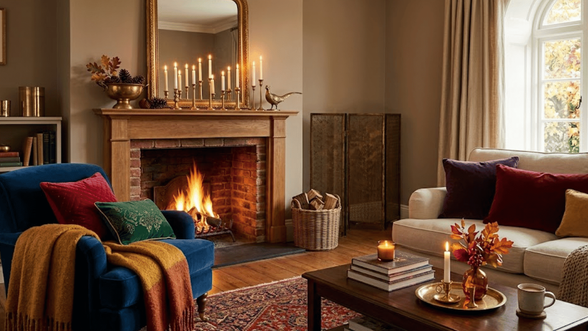 cozy autumn living room with fireplace colorful pillows candles and warm elegant seasonal decor accents