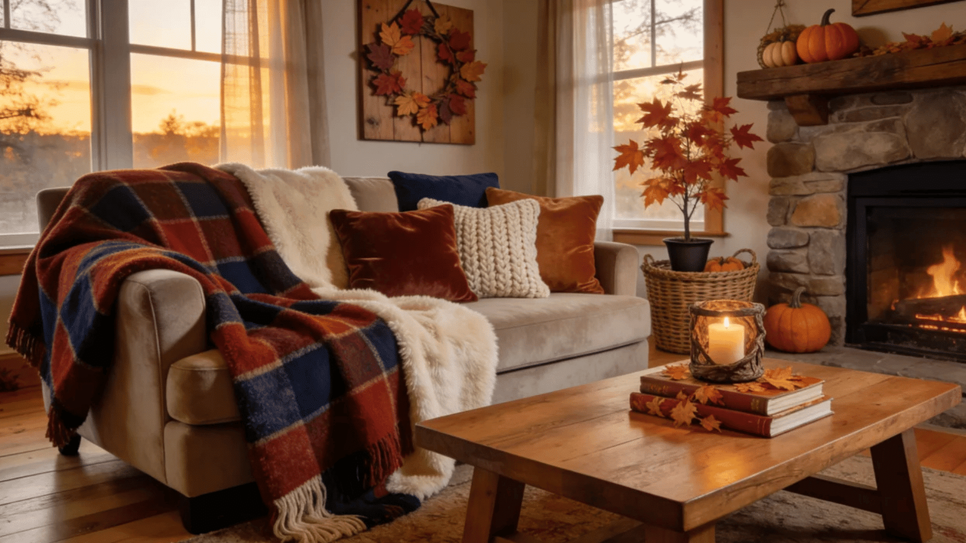 cozy autumn living room with plaid blanket fireplace pumpkins and warm candlelit fall decor accents