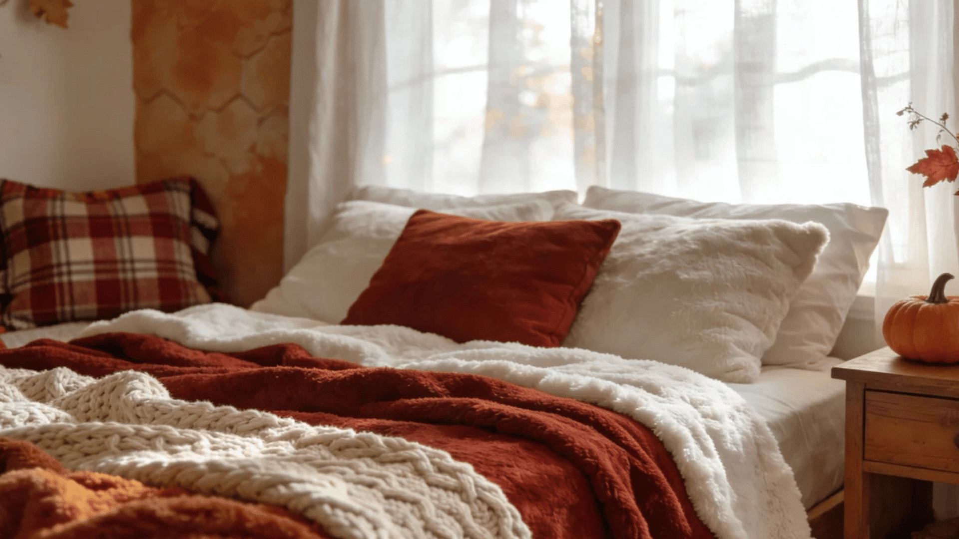 cozy bedroom with layered blankets plaid pillows and pumpkin beside sunlit window