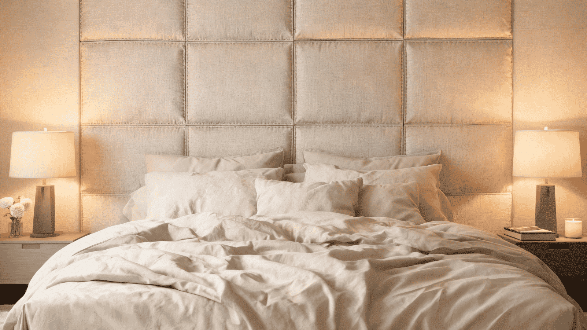 cozy bedroom with upholstered linen fabric accent wall behind bed warm lighting