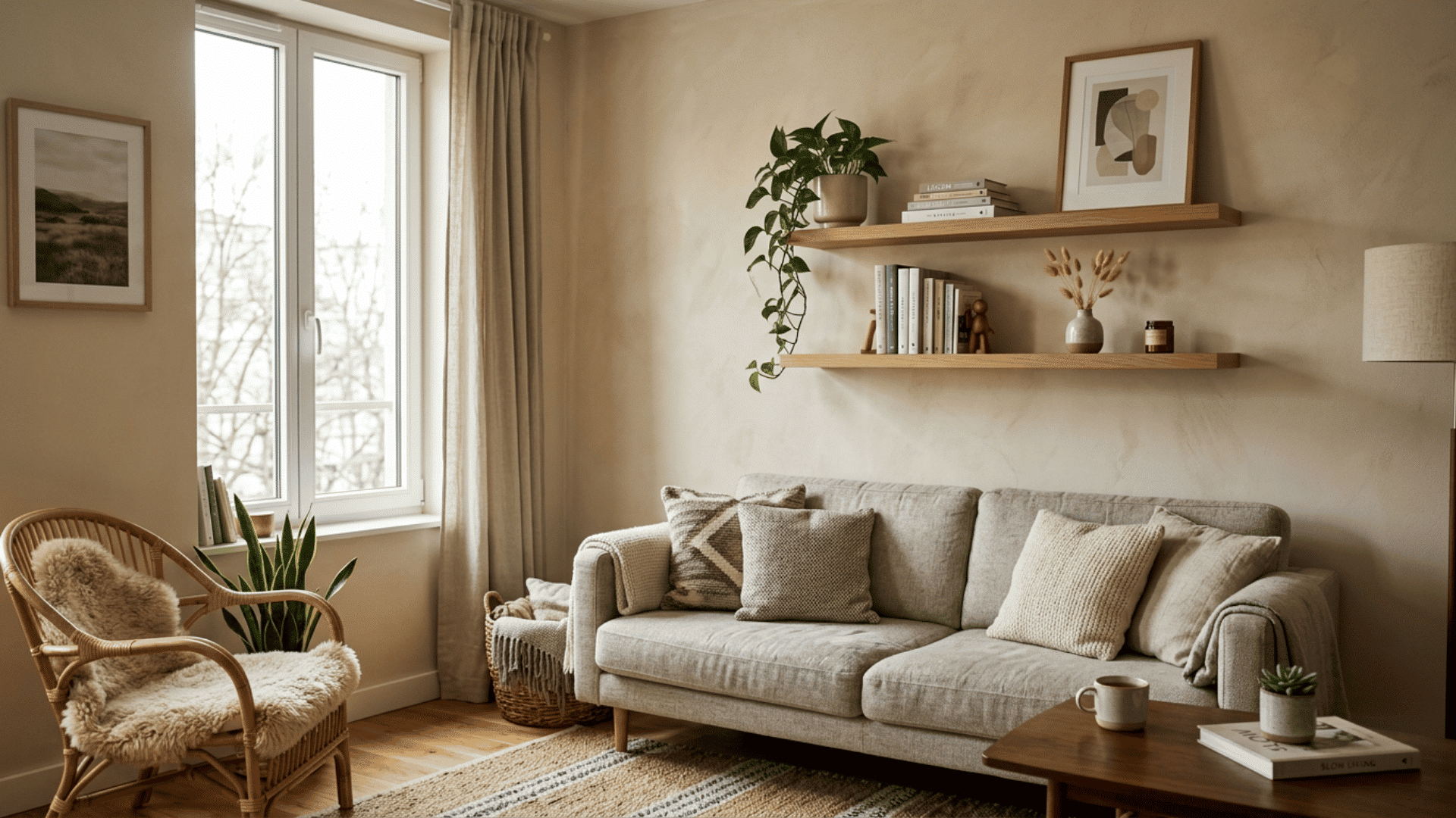 cozy beige living room with soft textured decor wooden shelves and natural light by window