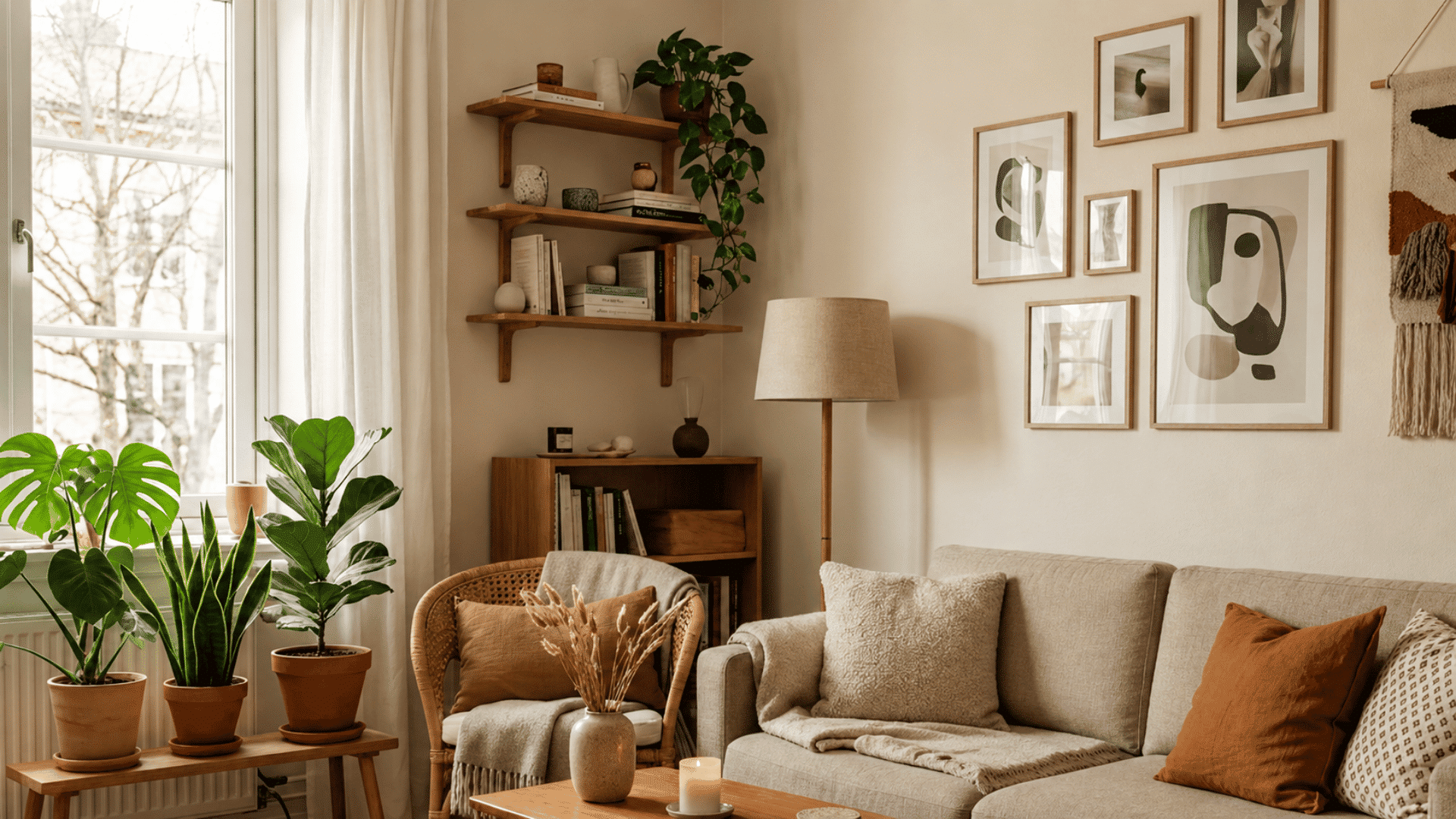 cozy boho living room with indoor plants wooden shelves neutral decor and warm natural window light
