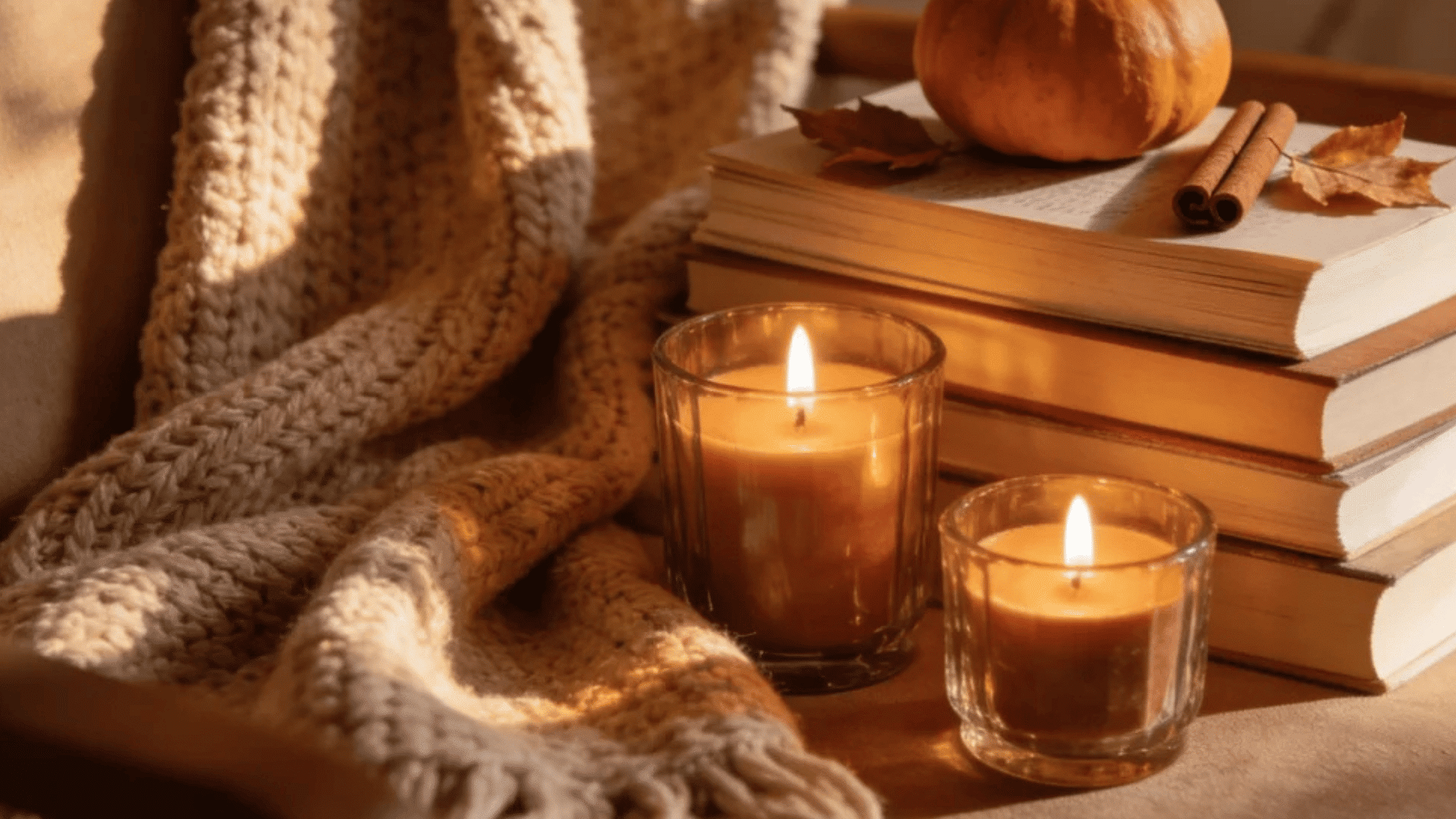 cozy chair with knitted blanket candles and stacked books topped with pumpkin in warm autumn light