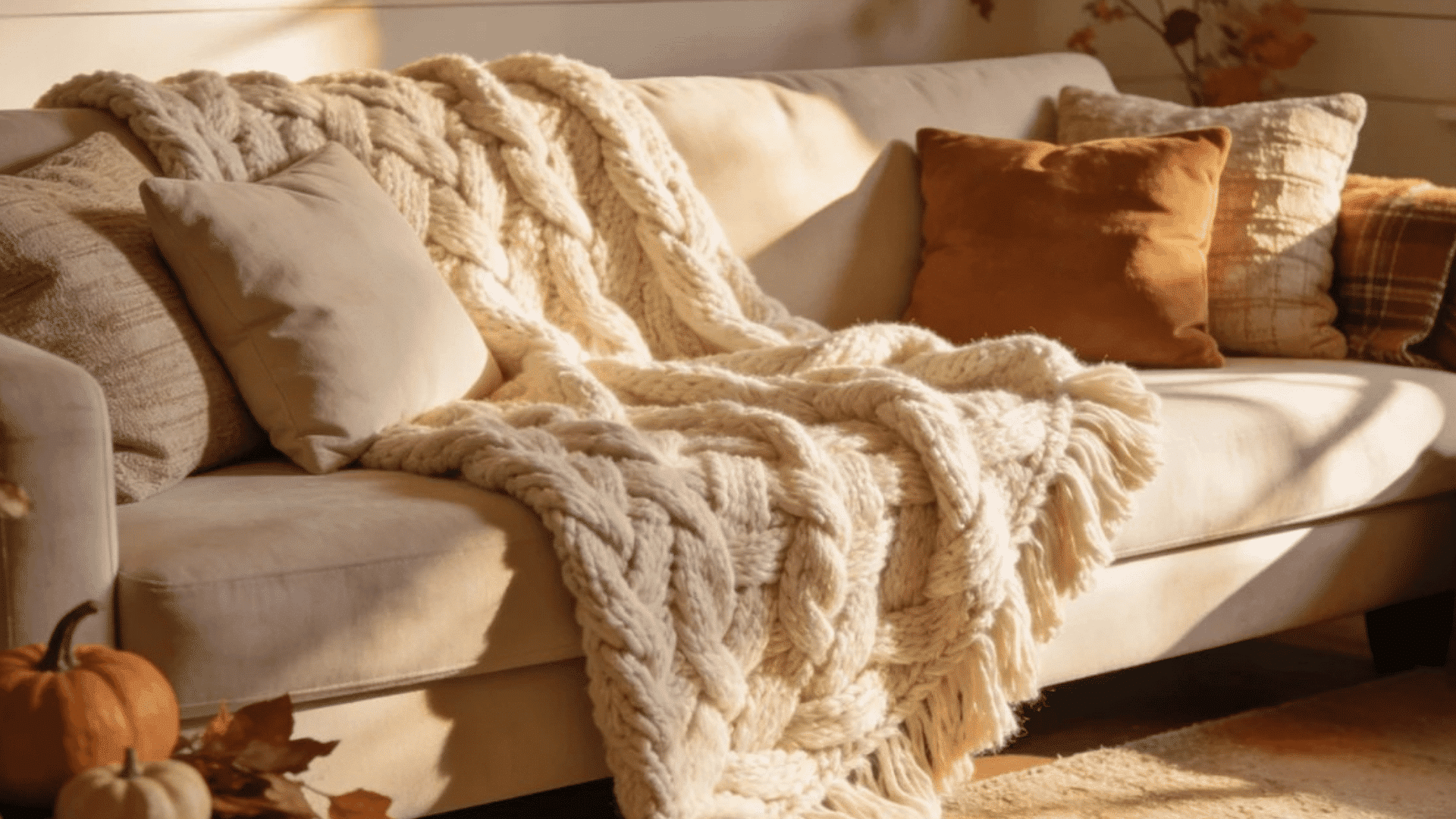 cozy cream sofa with chunky knit blanket pumpkins and warm autumn pillows in soft golden sunlight