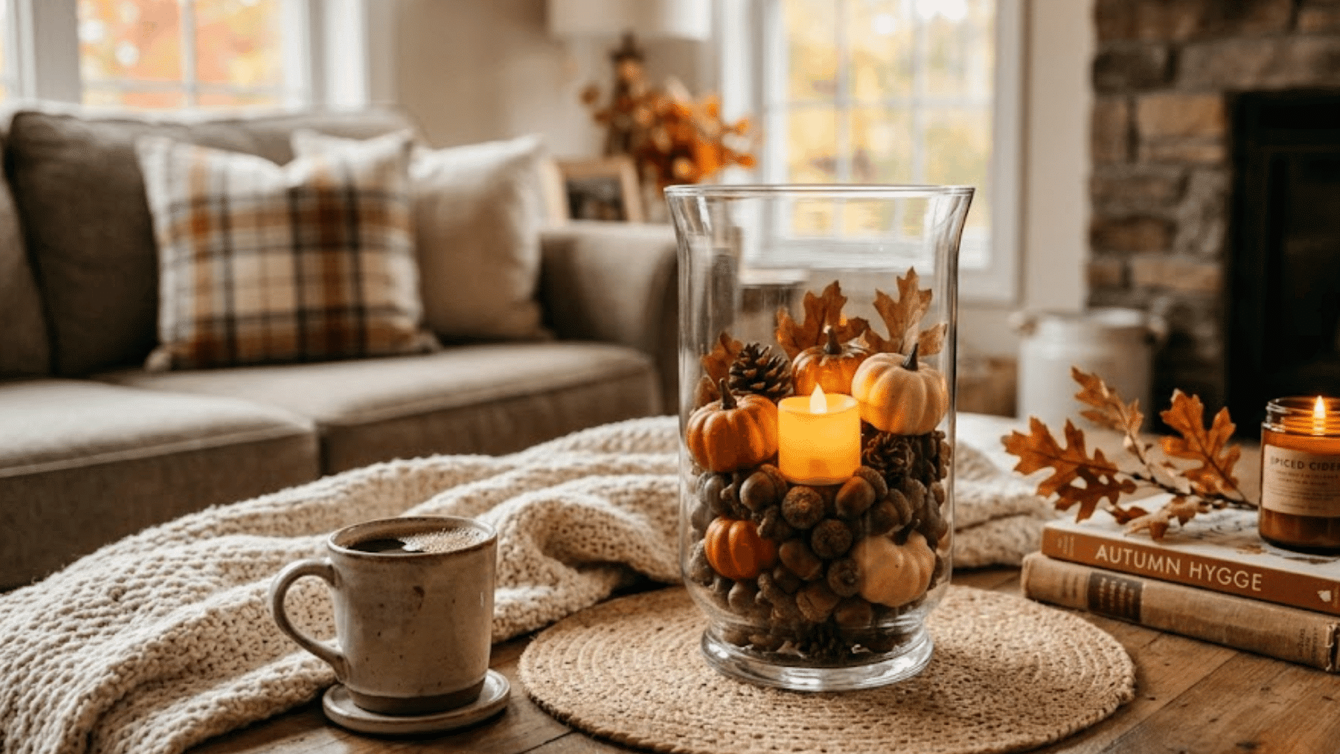 cozy fall coffee table with mini pumpkins candle plaid pillows and warm autumn living room decor