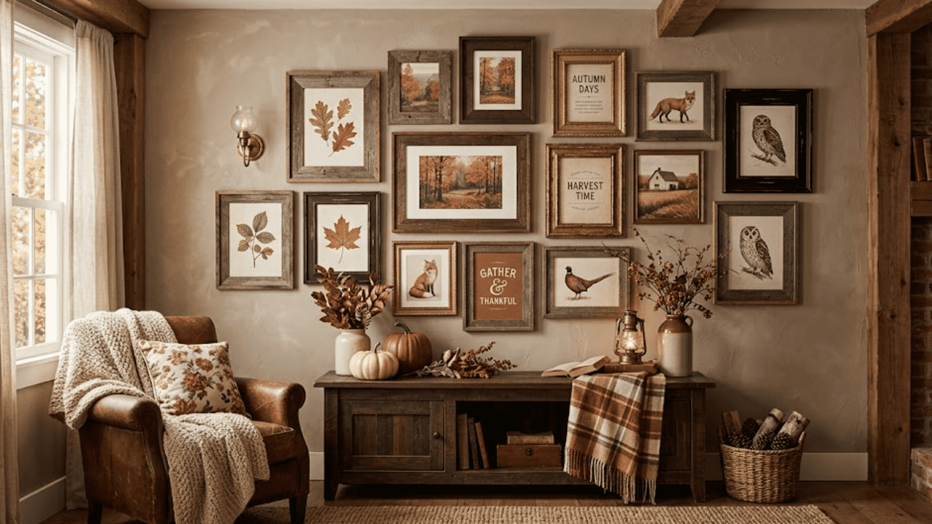 cozy fall gallery wall with framed autumn art rustic furniture and warm seasonal living room decor