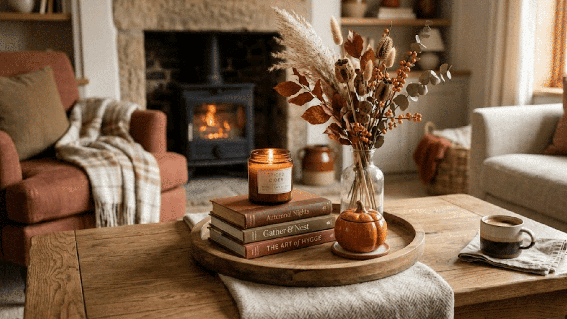 cozy fall living room with candle dried flowers books and warm rustic fireplace decor accents