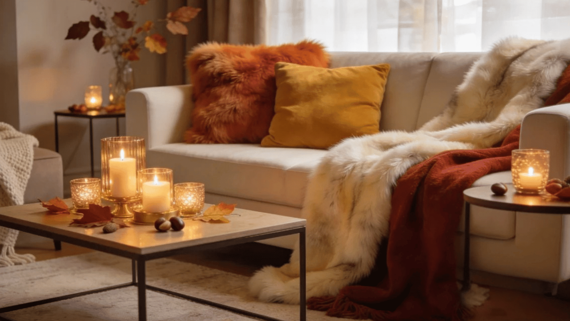 cozy fall living room with candles pumpkins soft fur throws and warm autumn accent pillows