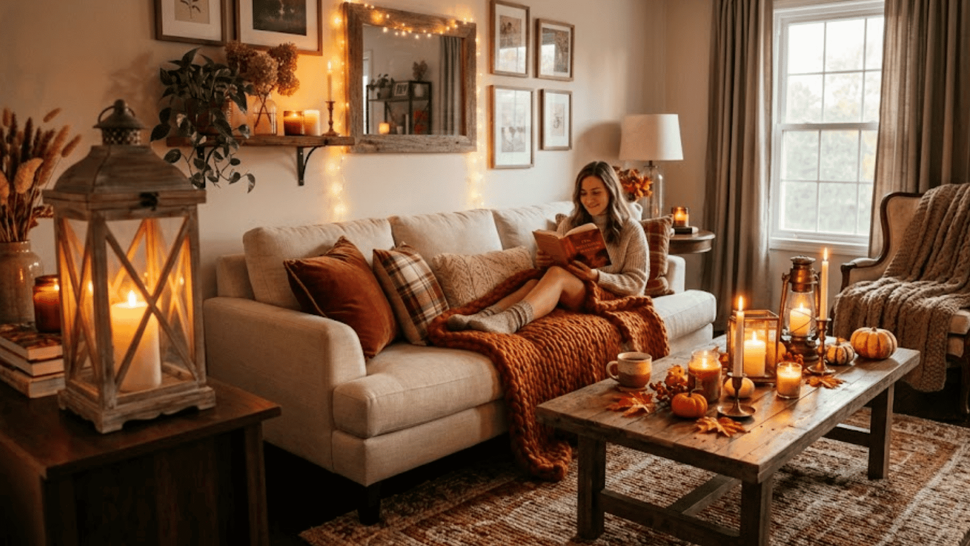 cozy fall living room with candles soft blankets pumpkins and woman reading on sofa at night