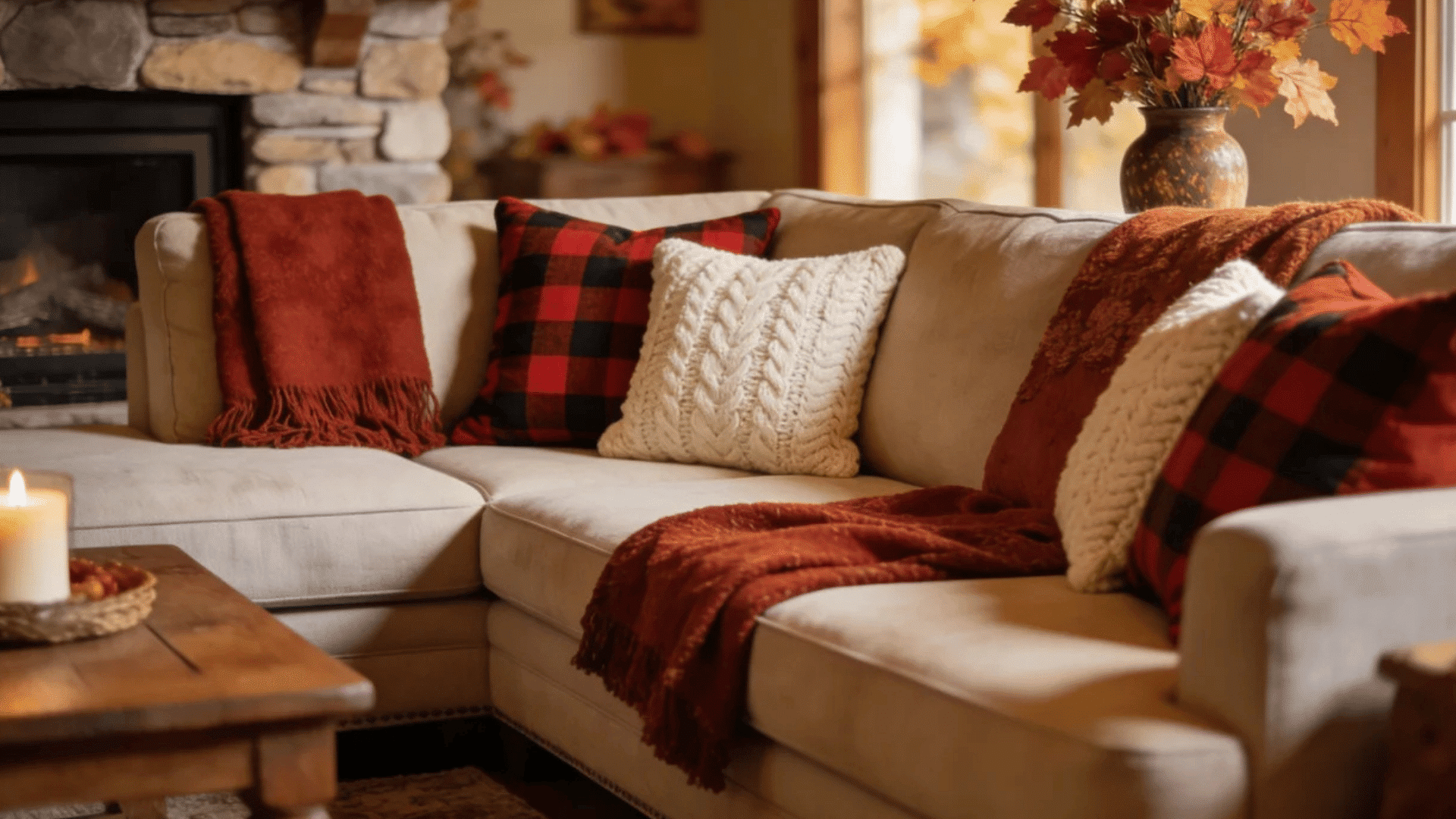 cozy fall living room with plaid pillows knit cushions and warm rustic autumn decor accents
