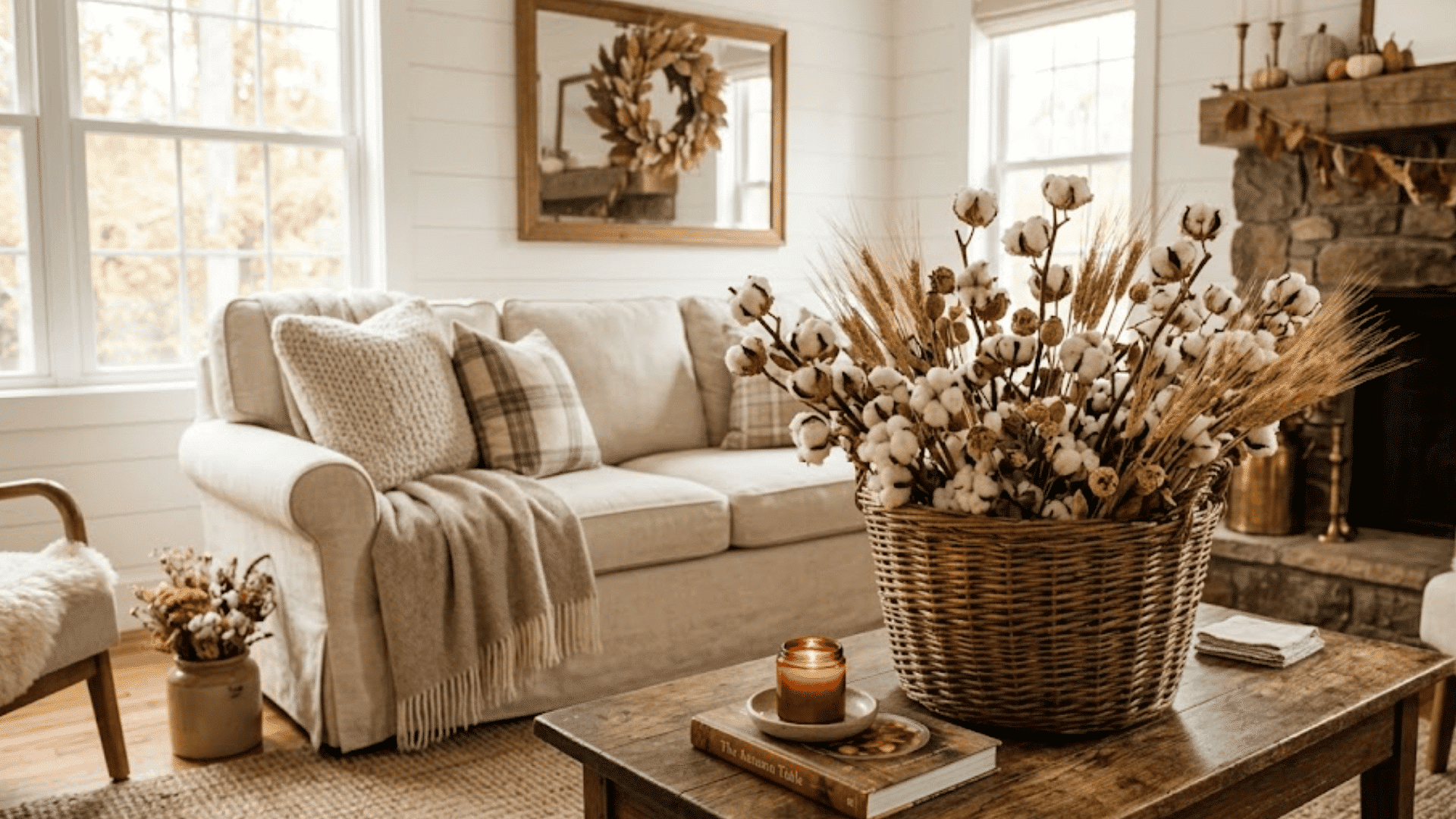 cozy farmhouse living room with cotton stems soft blankets and neutral autumn decor accents
