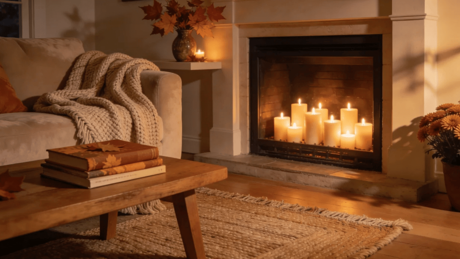 cozy fireplace with glowing candles knit blanket autumn leaves and warm fall living room decor