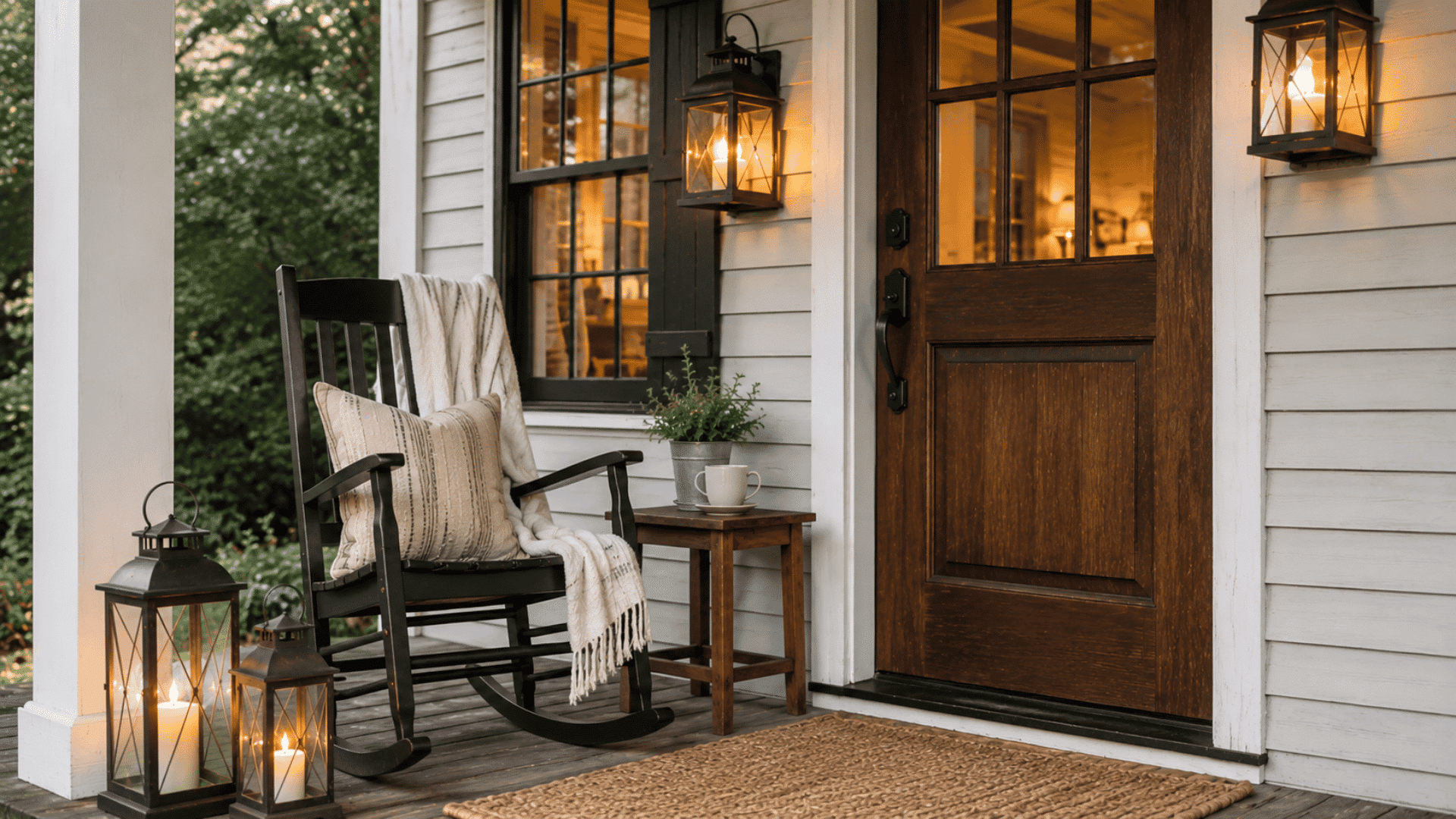 cozy front porch with a wooden rocking chair soft blanket glowing lanterns and a warm lit entryway at dusk