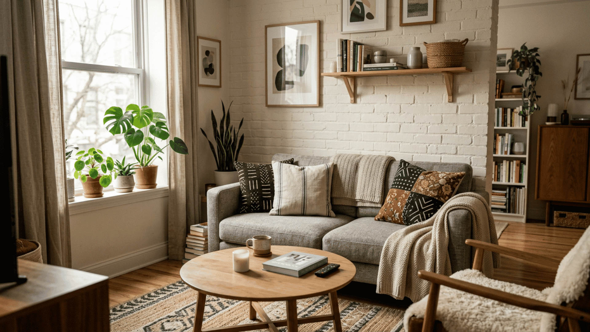 cozy living room with brick wall soft neutral sofa indoor plants and warm wooden accents