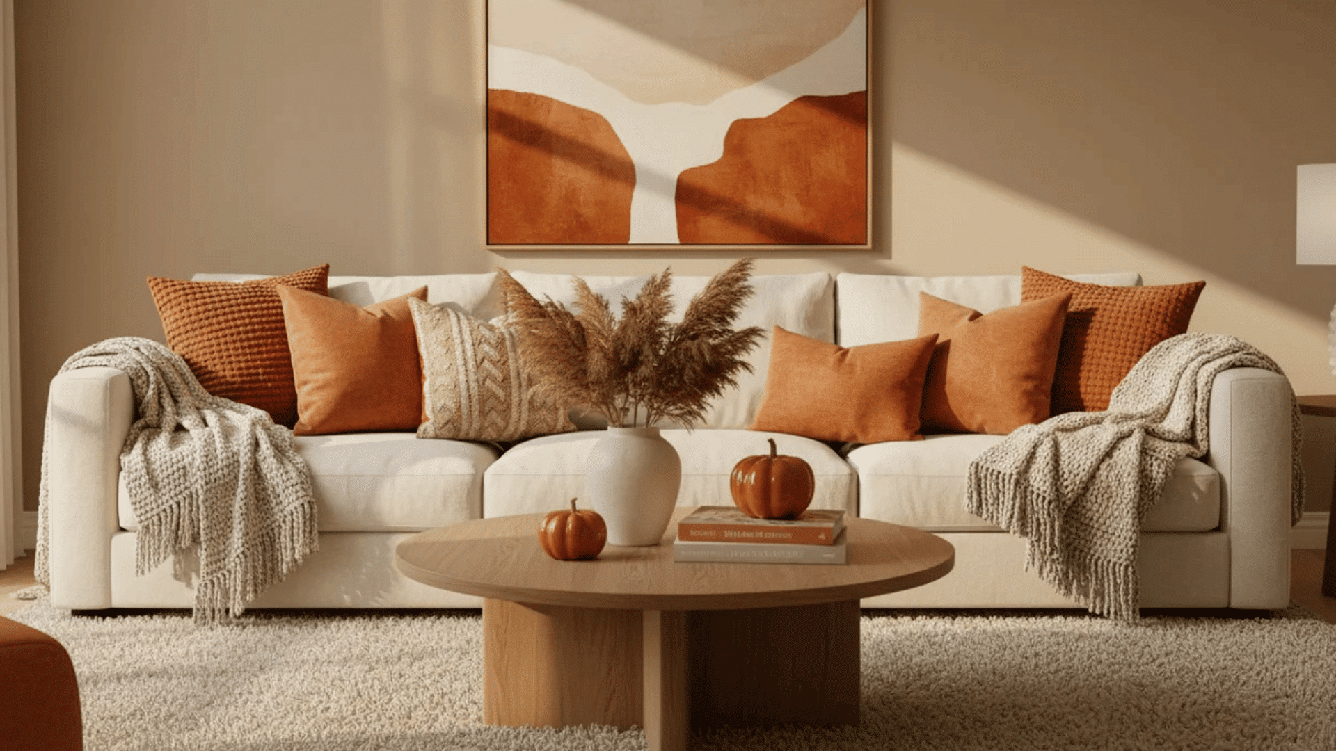 cozy living room with cream sofa orange pillows soft throws and warm fall decor accents