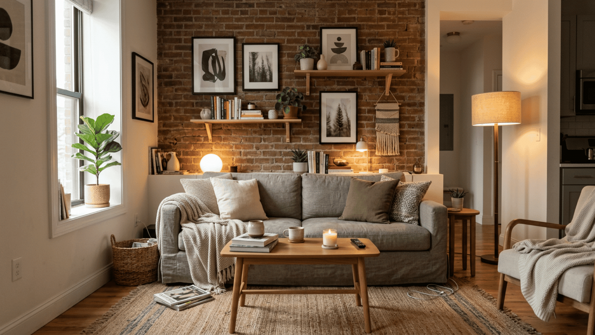 cozy living room with exposed brick wall warm lighting soft textiles and modern wooden decor