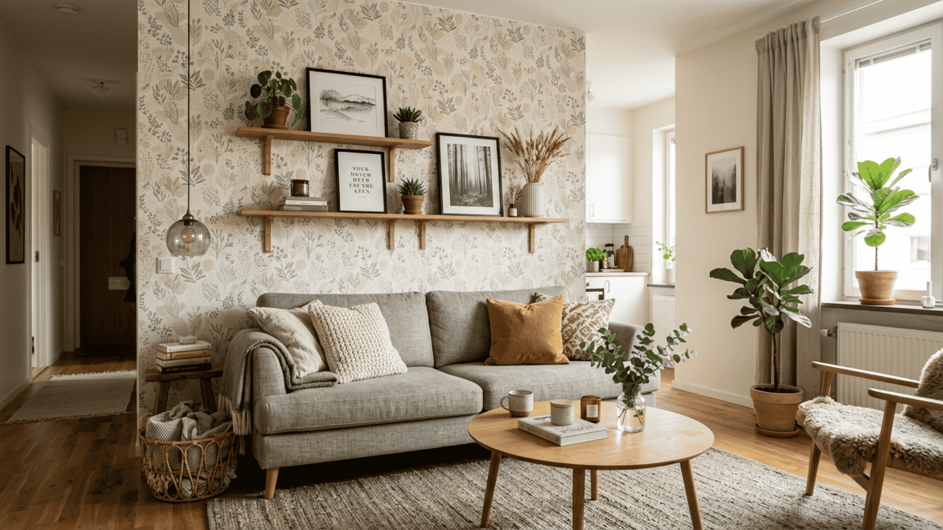 cozy living room with floral wallpaper neutral sofa wooden shelves and bright natural window light