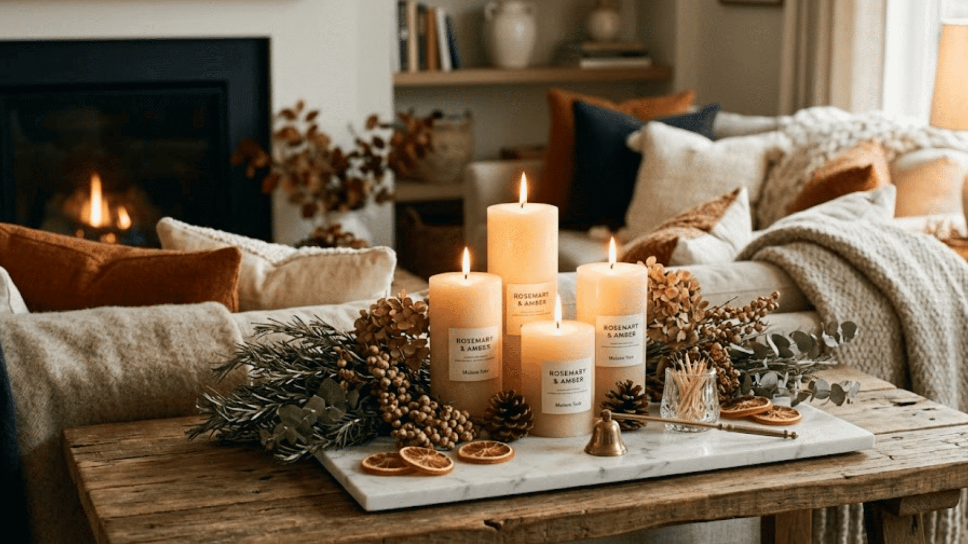 cozy living room with glowing candles soft blankets rustic table and warm autumn decor accents