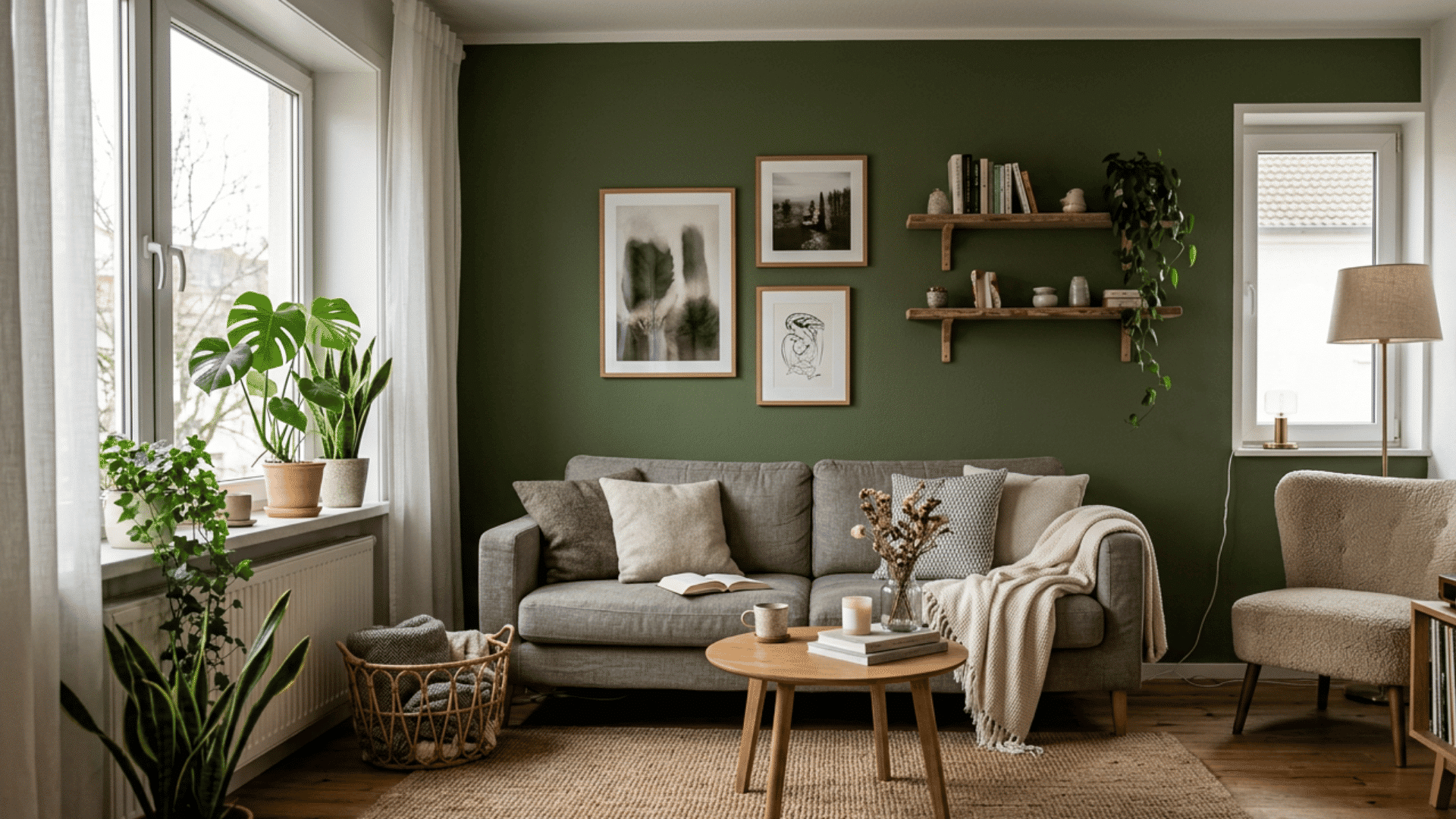 cozy living room with green accent wall neutral sofa indoor plants and warm natural window light