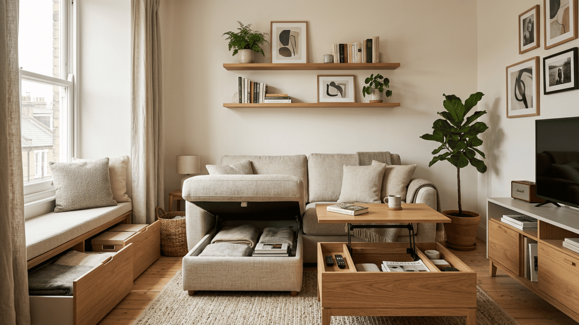 cozy living room with hidden storage furniture neutral decor indoor plants and warm wooden accents