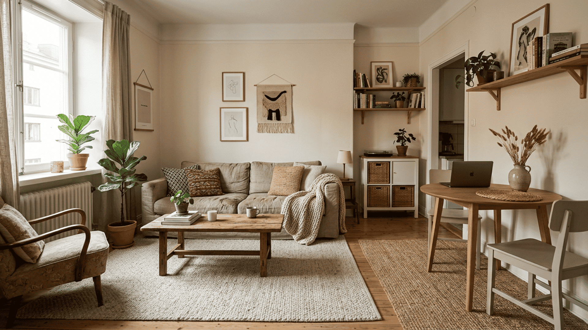 cozy living room with layered rugs wooden furniture soft textiles and warm neutral decor accents